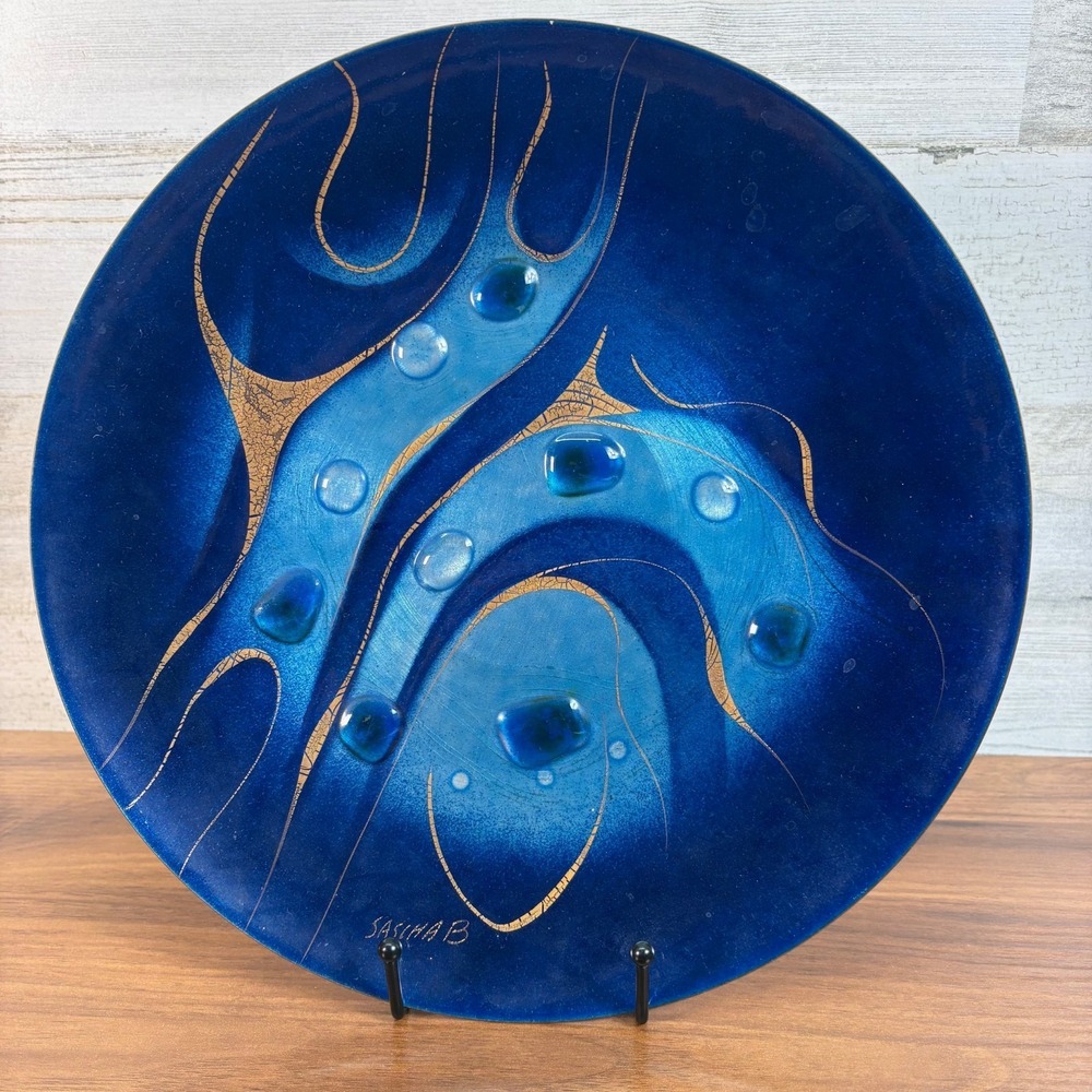 Sasha Brastoff Wall Plate Enamel on Copper 11.75 Mid Century  Raised Glass Jewel
